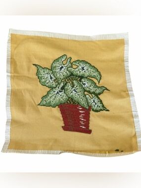 VTG Potted Caladium Plant Completed Needlepoint Canvas Yellow Background 17x17